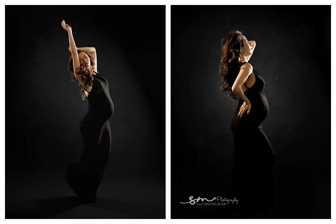 A two-image studio maternity collage against a dark background; a pregnant woman poses in profile wearing a fitted black gown, stretching one arm upward in the left frame and resting her hands on her lower back in the right frame.