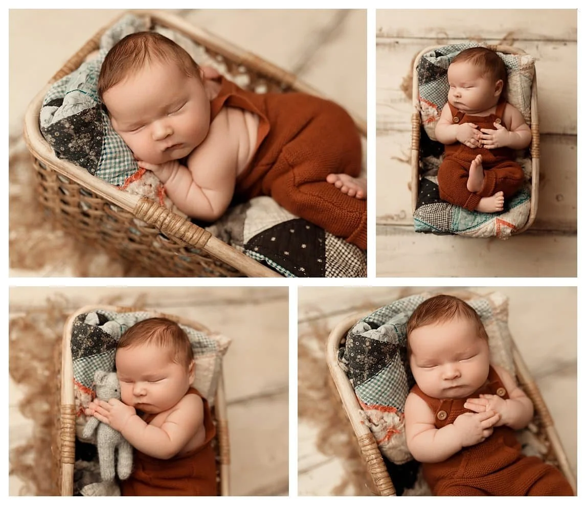 A four-image studio newborn collage against light wood floors; the frames show a sleeping baby in a terracotta knit romper posed inside a woven basket lined with a vintage patchwork quilt, including a frame where the baby cradles a small knit bear.