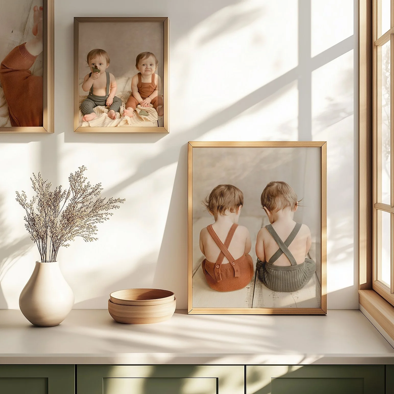 Three wooden framed portraits of twin babies in sage green and rust orange knit rompers, displayed on a white wall in a sunlit room with natural wood accents.