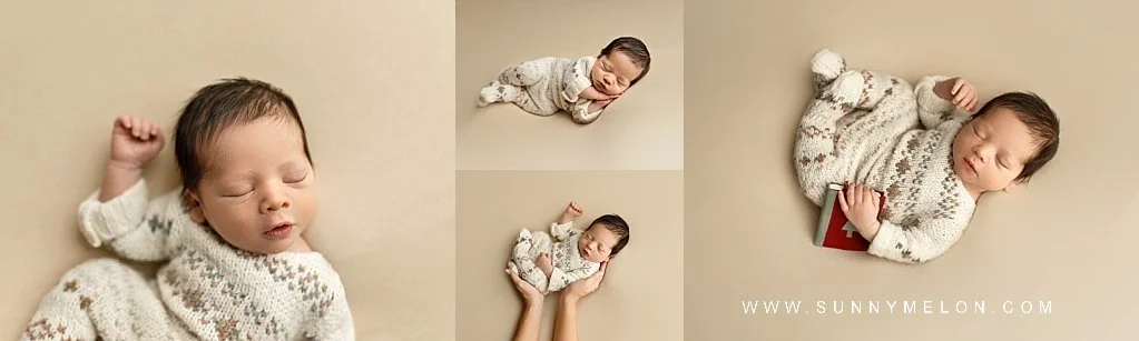 Sleeping newborn baby in a tan and white fair isle knit romper for a professional studio session.