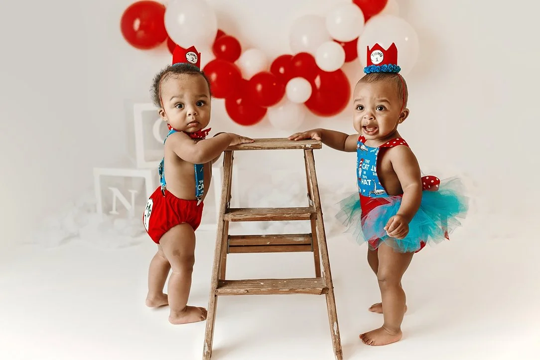 This whimsical twin milestone portrait showcases a creative first birthday celebration inspired by Dr. Seuss's "The Cat in the Hat." The twins are posed standing with a rustic wooden step ladder, wearing coordinated "Thing 1" and "Thing 2" outfits co