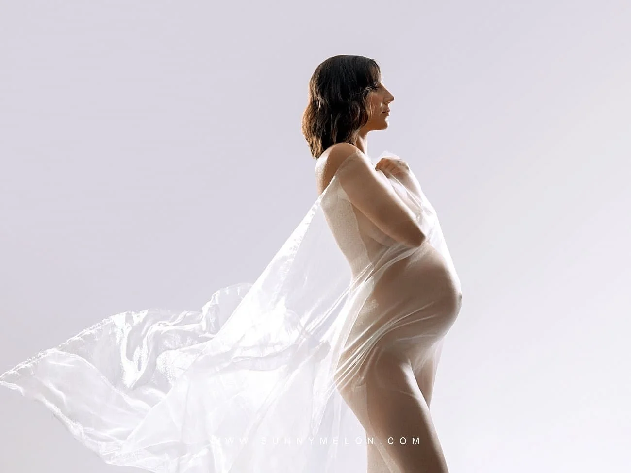 A high-key, fine-art maternity portrait featuring a pregnant woman in profile, illuminated by soft backlighting.