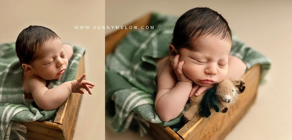 Sleeping newborn baby posed in a rustic wooden crate with green plaid and a tiny fox prop.