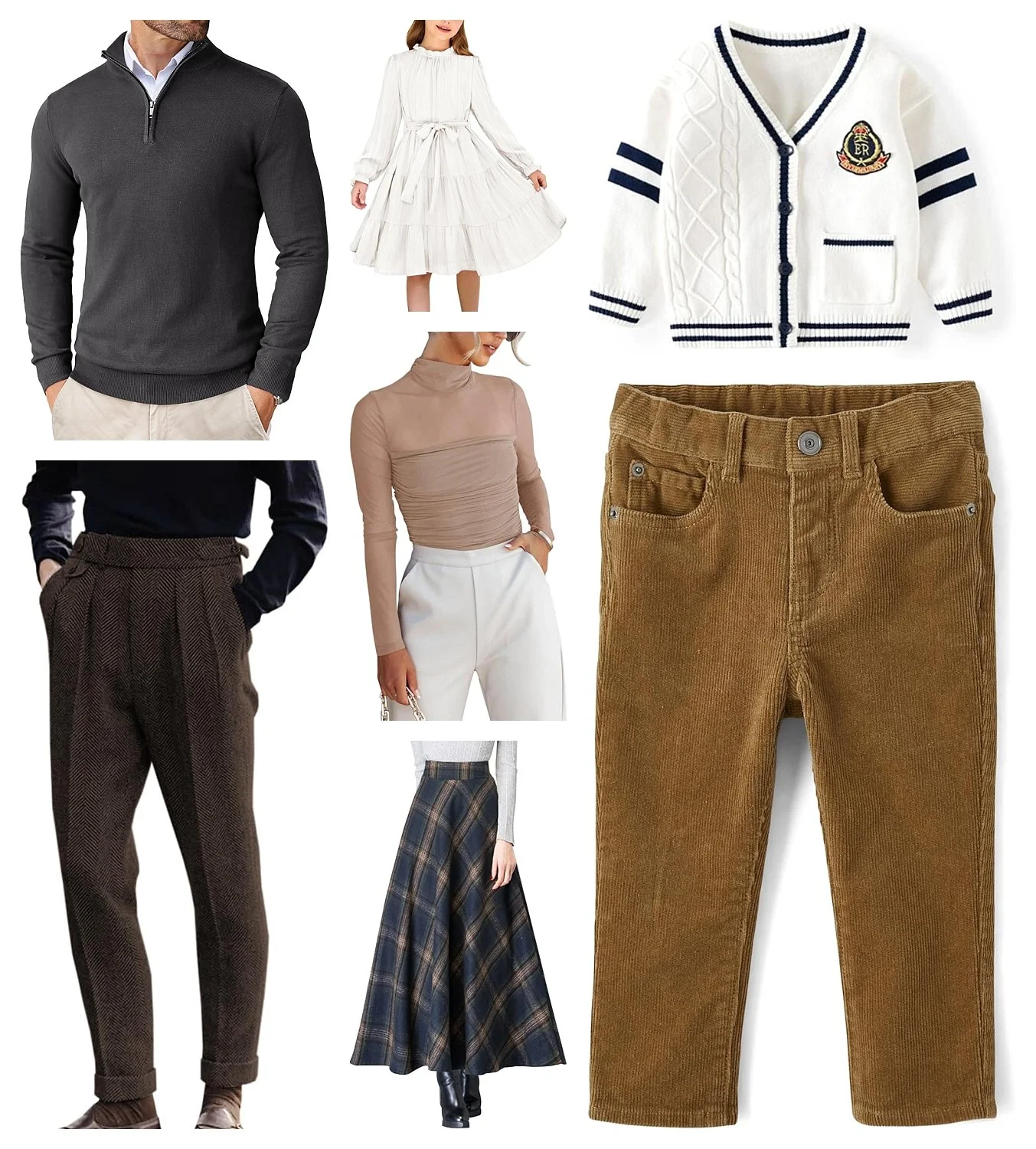 A family photography style guide featuring a grey quarter-zip sweater, a plaid maxi skirt, tan corduroy trousers, a white tiered girl's dress, and a cable-knit collegiate cardigan.