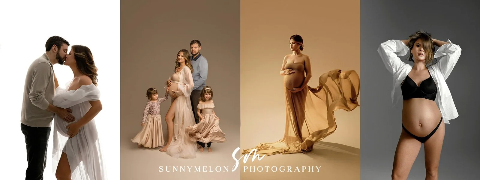 Studio maternity photography Portland Oregon 4-photo collage featuring mom in Calvin Klein-style shirt and underwear, mesh white gown, family tulle dresses with daughters, and form-fitting fabric toss