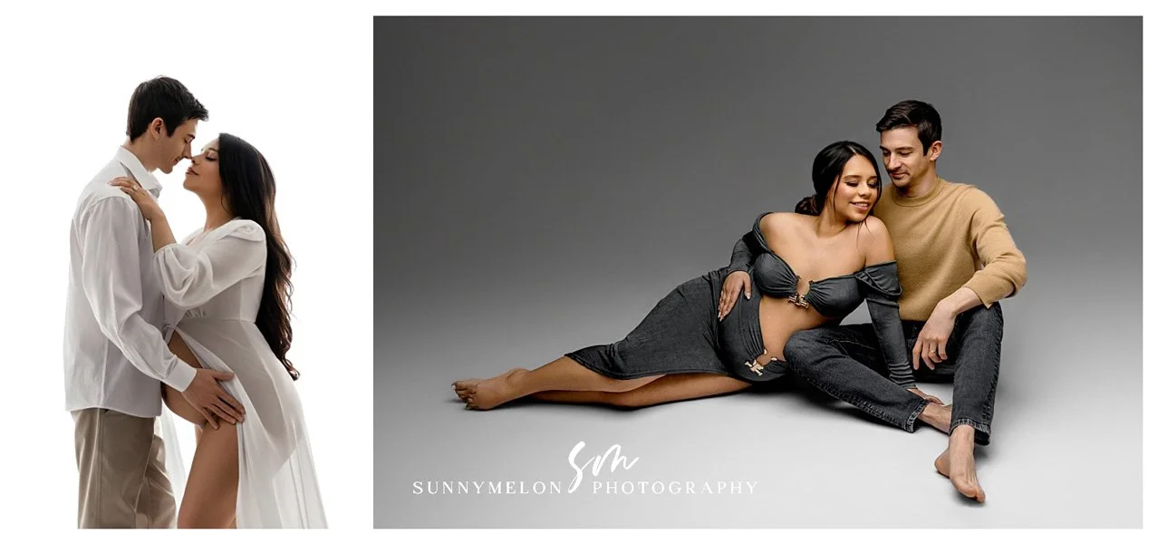 Expecting couple's modern studio maternity portrait showcasing pregnancy silhouette