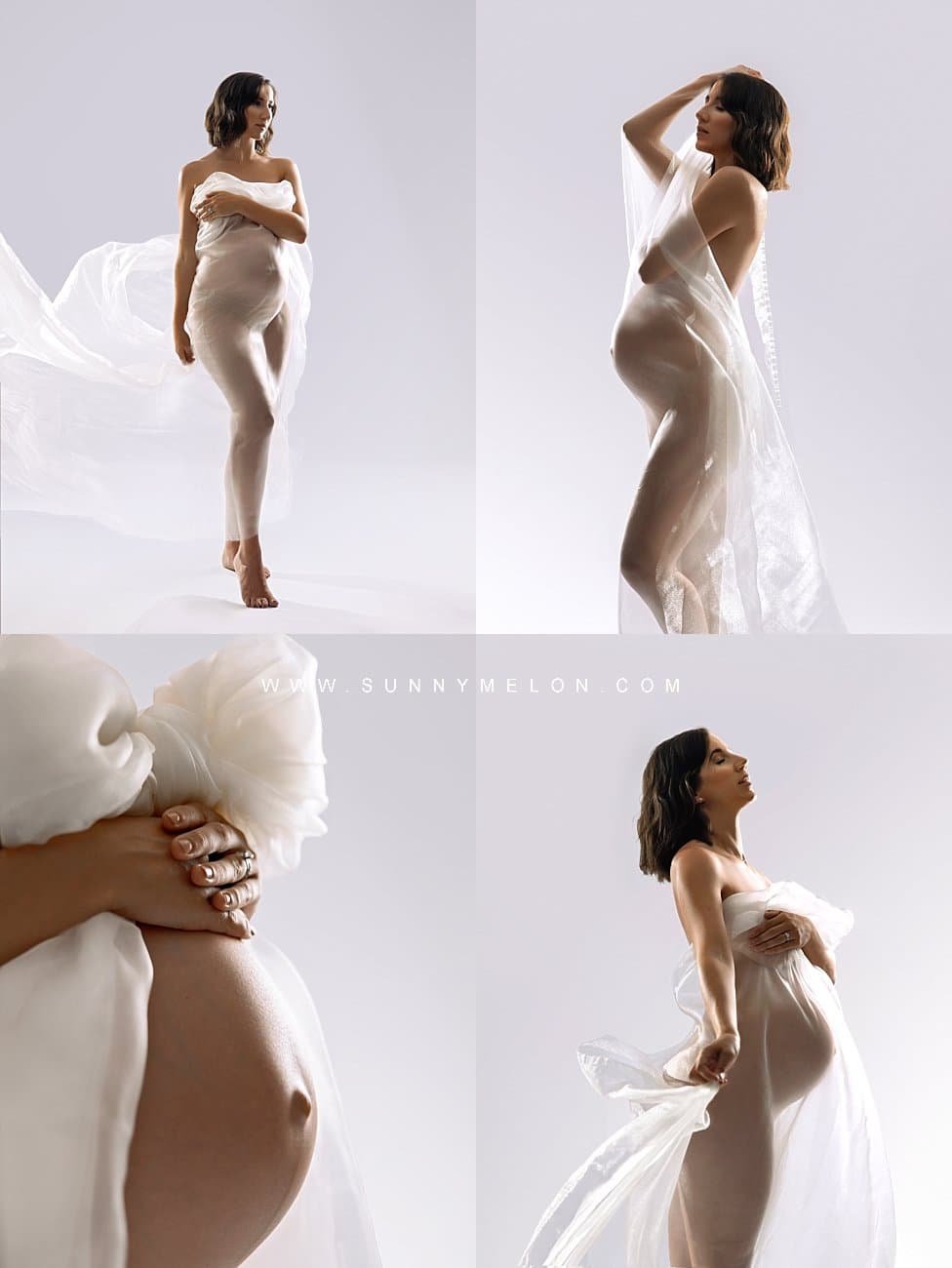 Ethereal maternity portrait collage featuring a woman draped in sheer white fabric against a bright studio background.