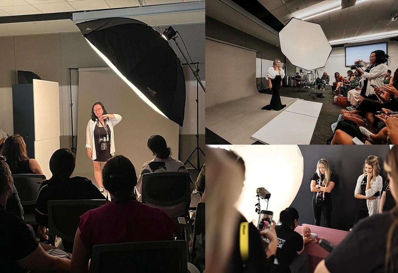 Behind-the-scenes photography workshop collage showing an educator presenting studio lighting, a live model demonstration, and a hands-on newborn photography mentoring session.