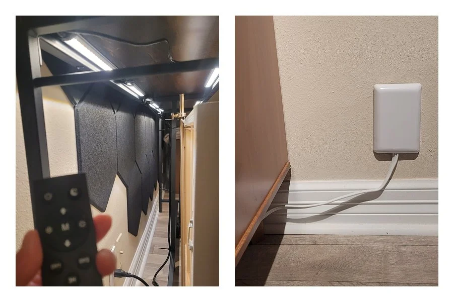 A two-image installation collage; the left shows a close-up of a hand holding a remote to control LED light strips mounted under a console table, and the right shows an ultra-thin flat white plug running discreetly along a baseboard.