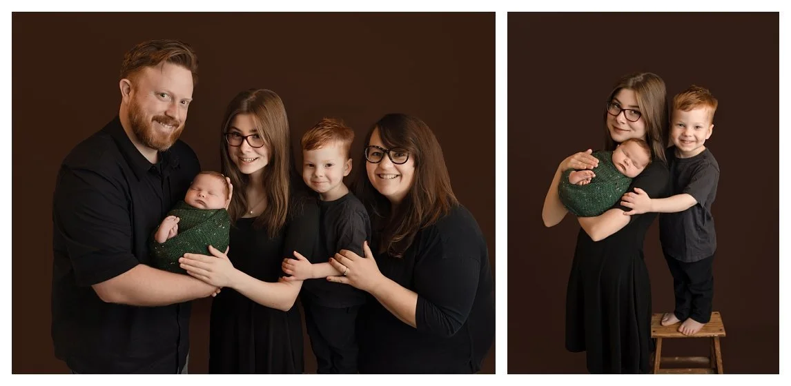 A two-image studio collage against a brown background; the left shows a smiling family of five with the father cradling a swaddled newborn, and the right shows a teenage girl holding the baby alongside her young brother on a wooden stool.
