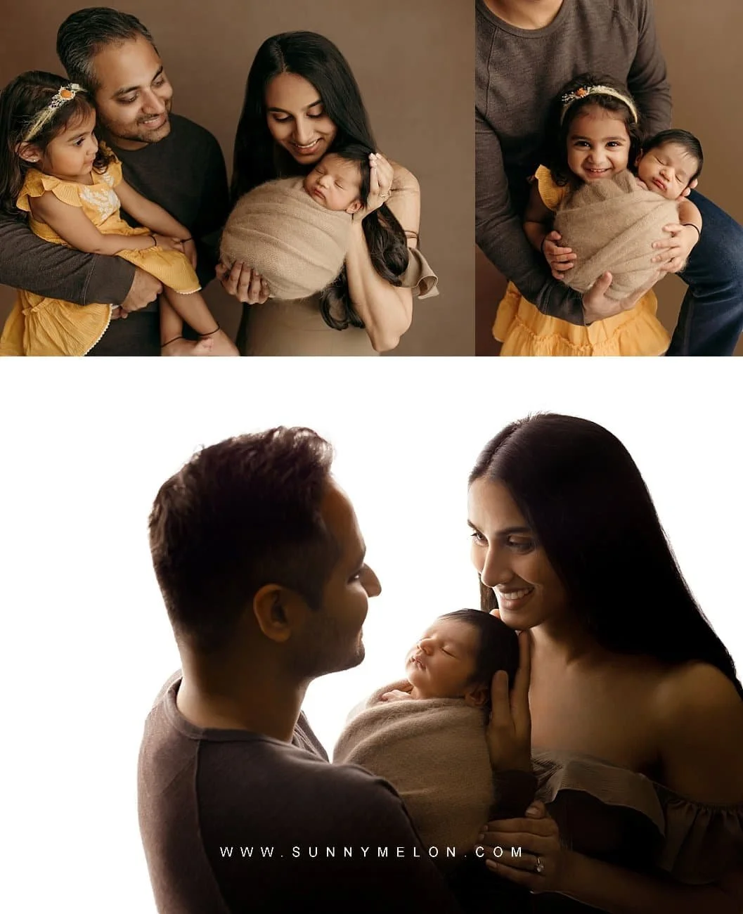 A collage of professional family and milestone portraits in a sophisticated studio setting.