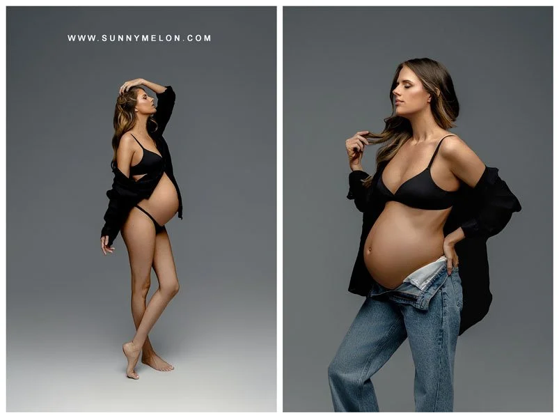 Contemporary Studio Maternity Portrait in Denim and Black Lingerie