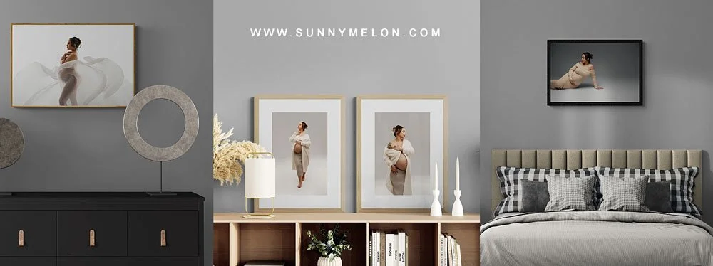 A three-part collage showcasing maternity portraits as interior decor; features include a large framed silk-drape portrait in a living room, twin natural wood frames on a console, and a framed horizontal portrait above a bedroom headboard.