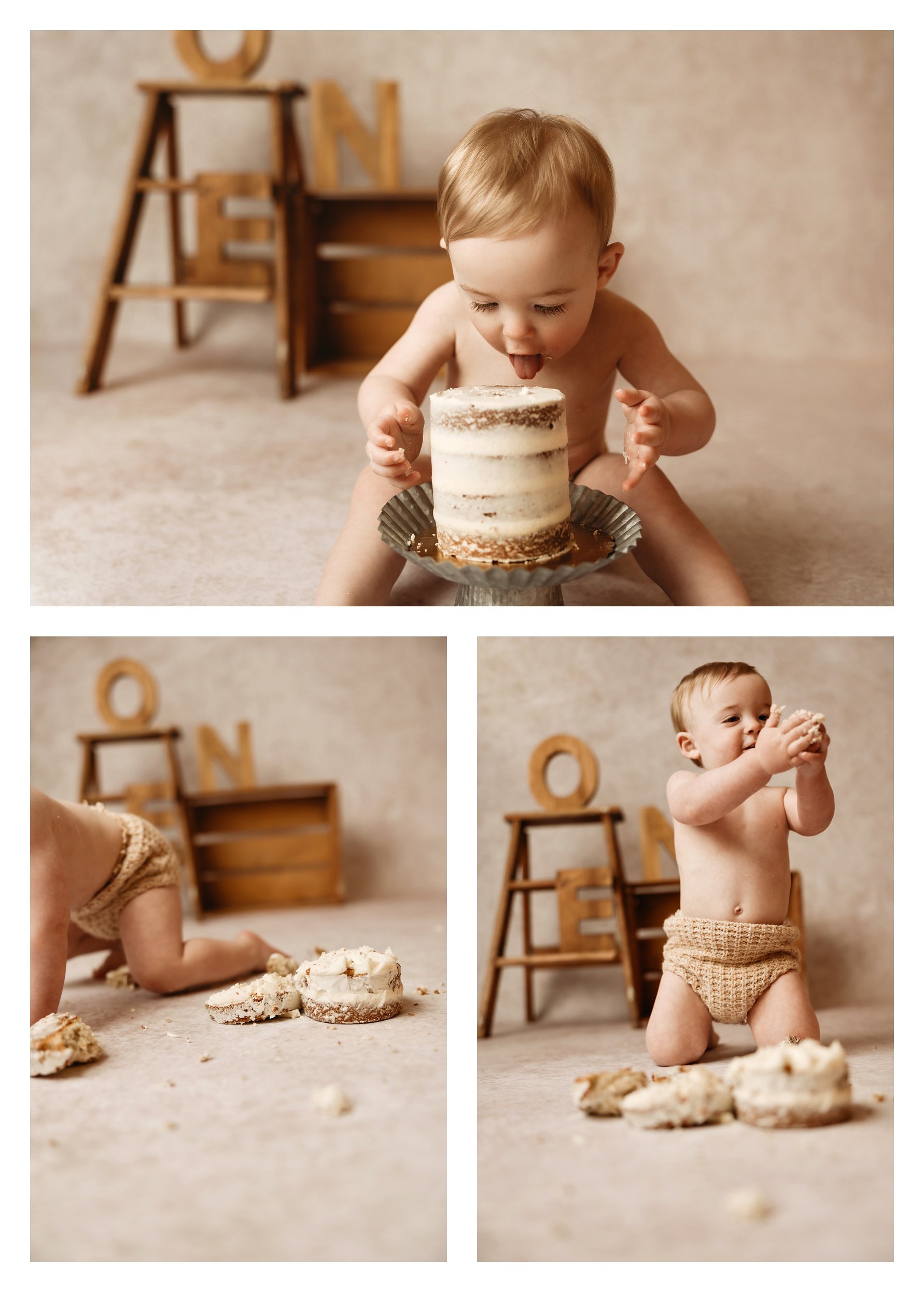 A three-image cake smash collage; the top frame shows a baby boy lean forward to lick a naked cake on a metal stand, the bottom left captures crumbled cake as he crawls away, and the bottom right shows him kneeling with frosted hands.