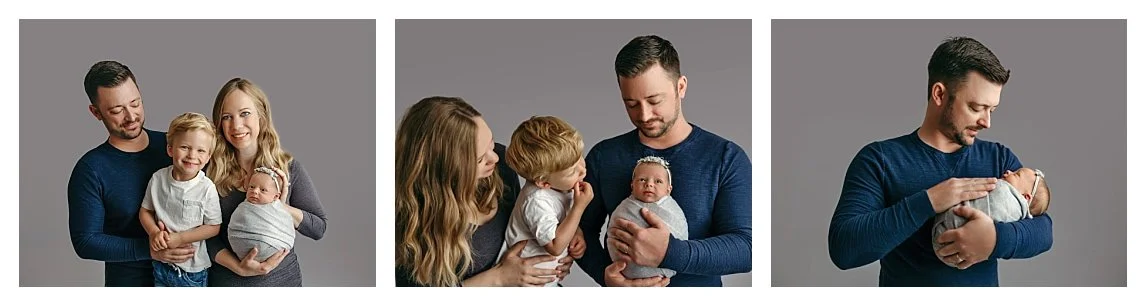 A three-image studio collage against a gray background; the left shows a family of four, the center features the parents and son looking at a swaddled newborn, and the right shows a close-up of the father cradling the baby.