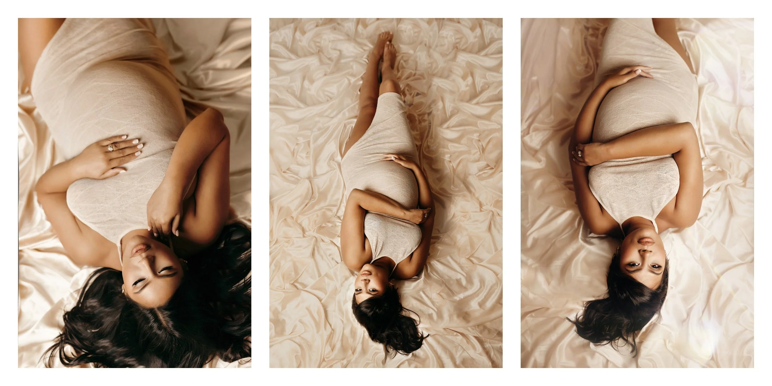 A three-image studio maternity collage shot from an overhead angle against ruffled cream fabric; a pregnant woman with long dark hair poses lying down in a fitted cream dress across close-up, full-length, and wide compositions.