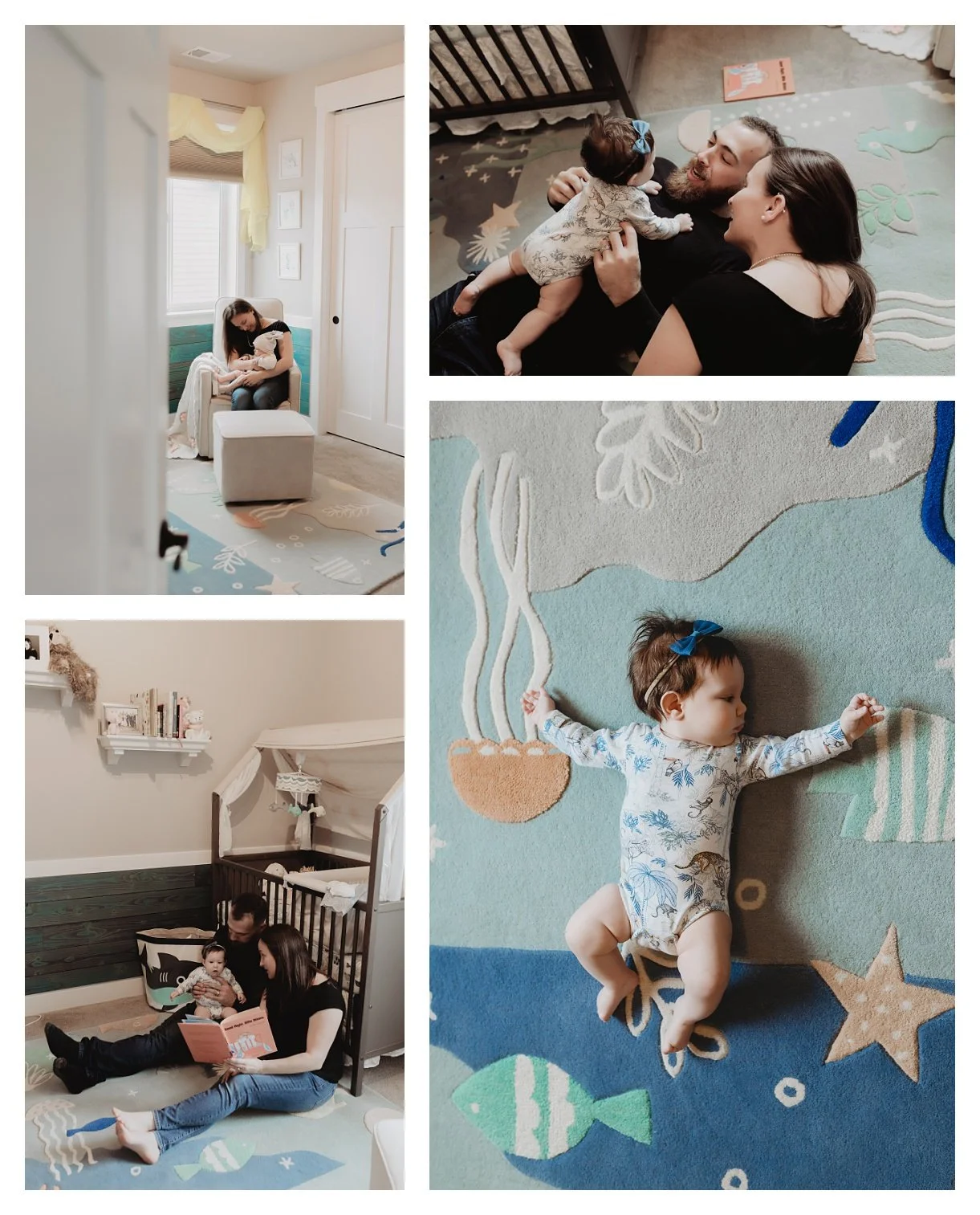 Capture the magic of your baby's first year with a lifestyle newborn milestone session by Sunnymelon Photography. This ocean-themed nursery gallery features intimate family moments, including reading by the crib, playing on a sea-life rug, and cozy n