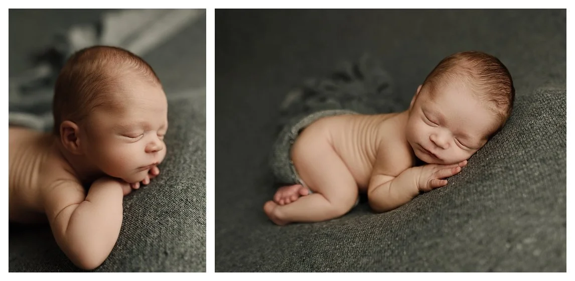 A side-by-side newborn studio collage on a textured grey backdrop. The left panel shows a close-up profile of a sleeping baby boy resting his head on his hands; the right panel features a wider view of the baby asleep in a classic bum-up pose.