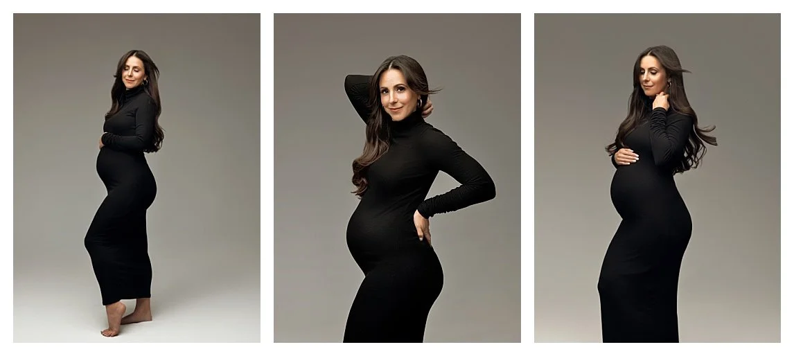 A three-panel studio maternity collage featuring an expectant mother posing against a grey backdrop. She wears a sleek, fitted black long-sleeve dress, showcasing her baby bump in various elegant triptych profile poses.