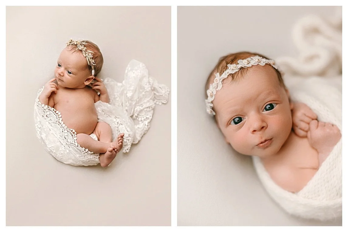 A two-image studio newborn collage against a cream backdrop; the left shows a wide shot of an awake baby girl partially wrapped in white vintage lace, and the right captures a close-up portrait highlighting her eyes and a delicate floral headband.