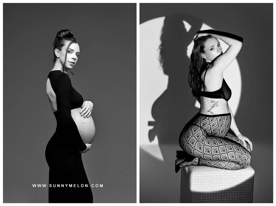 A two-image collage of a pregnant woman in black-and-white; the left frame shows a profile silhouette in a backless dress, and the right frame features a spotlight effect with the subject in patterned tights.