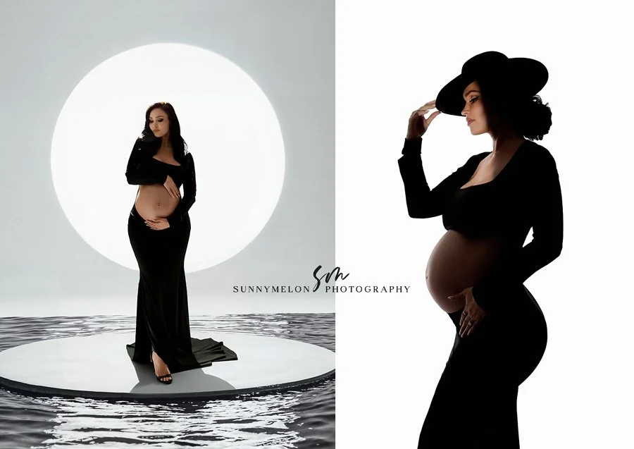 A side-by-side collage of a pregnant woman in a black two-piece outfit. Left: posing on a white platform over water, backlit by a giant white moon circle. Right: a high-contrast silhouette portrait with a wide-brim hat.