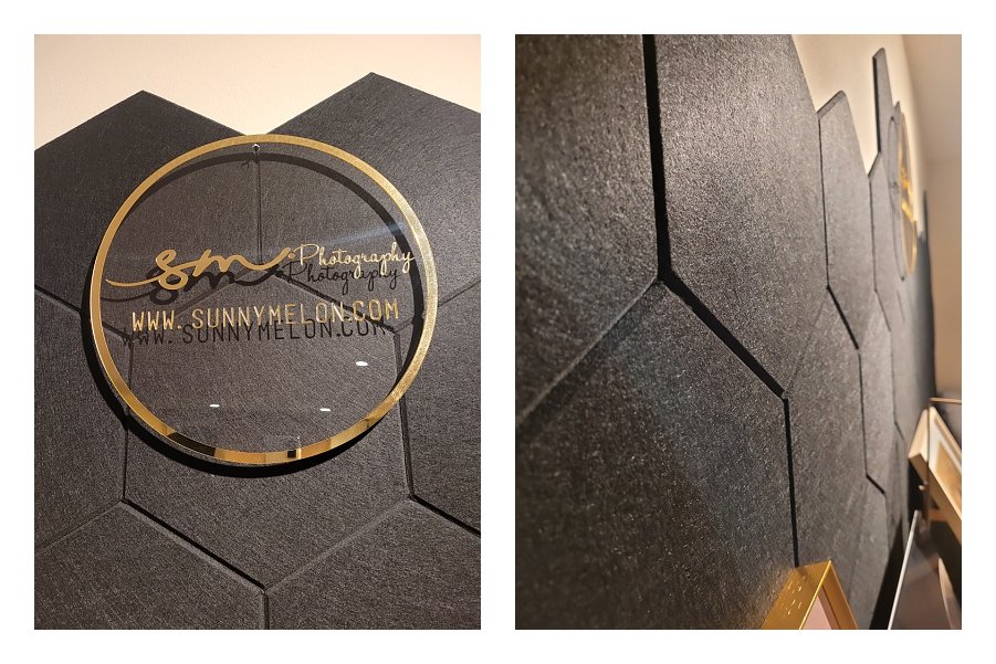 A two-image photography studio branding collage; the left shows a circular gold and acrylic studio sign for SunnyMelon Photography mounted on textured black hexagonal wall panels, and the right shows a side-profile view of the geometric wall tiles.