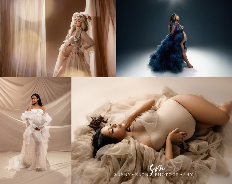 Glamour maternity photography Portland Oregon collage with different moms in elegant tulle gowns