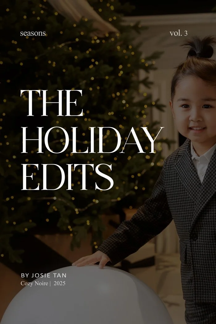 Promotional graphic titled 'The Holiday Edits' by Josie Tan for Cozy Noire. The image features a young boy in a sharp grey patterned suit standing in front of a glowing Christmas tree, styled for a 2025 holiday mini session in Portland, Oregon.