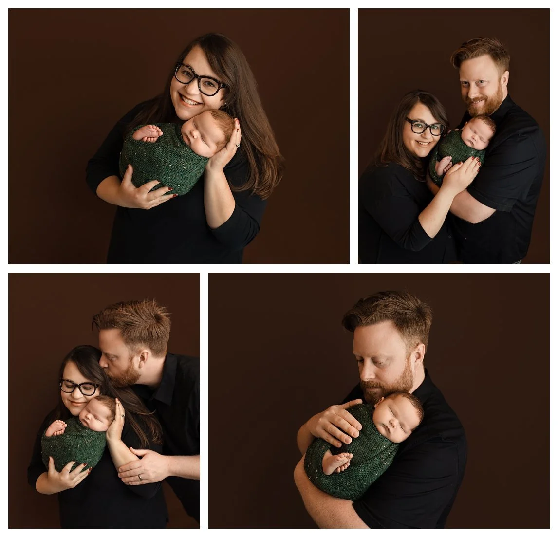A four-panel newborn collage featuring a mother and father in black shirts with their baby wrapped in a green textured swaddle. Set against a rich brown backdrop, the studio portraits show the parents holding the baby solo, together, and kissing.