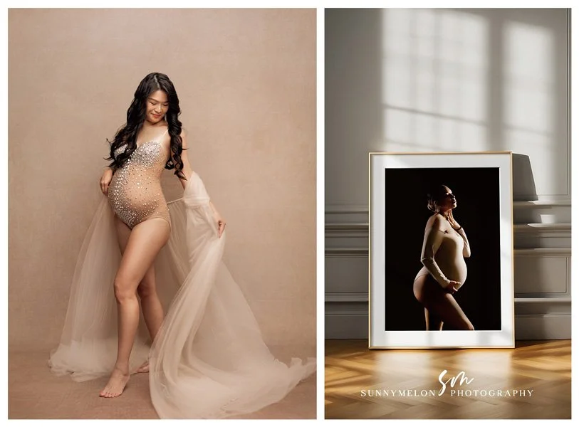 Studio maternity photography Portland Oregon with expectant mom in bodysuit and tulle gown posing in front of wall art with gold frame