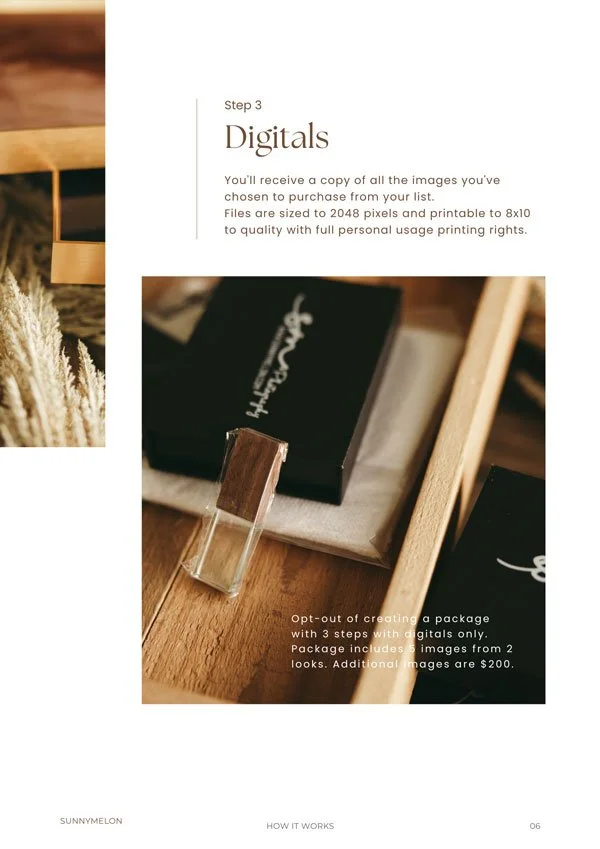 A wooden USB drive and branded black packaging displayed on a rustic wooden tray, part of a photography service guide titled "Step 3 Digitals."