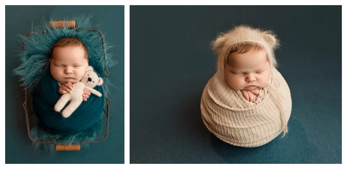 A side-by-side newborn collage against a deep teal background. The left shows a sleeping baby wrapped in teal holding a knit teddy bear in a wire basket; the right captures the baby in a tan ribbed swaddle and matching bear-ear bonnet.