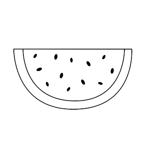 Outline drawing of a watermelon slice with seeds.