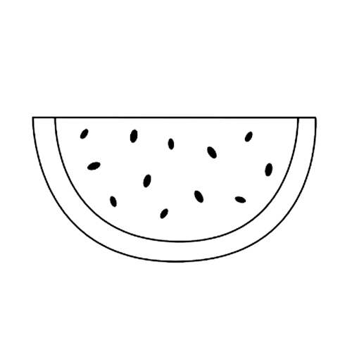 A minimalist line-art illustration of a watermelon slice, featuring a bold black outline and simple seed details on a clear background.