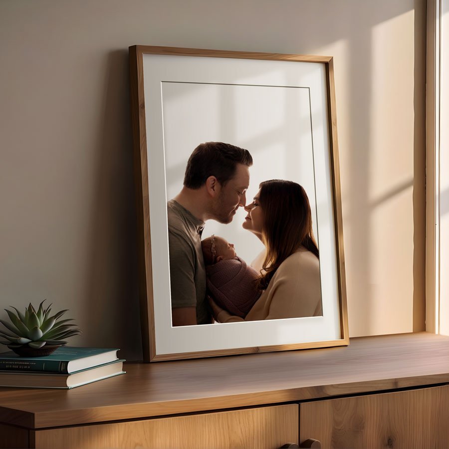 A large wooden framed portrait of a mother and father holding their newborn baby, displayed as wall art on a sideboard in a sunlit room by a Portland newborn photographer.