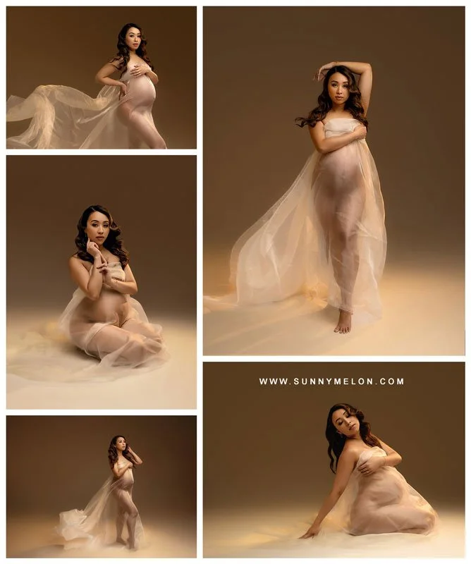A collage of professional maternity portraits featuring a pregnant woman draped in sheer, flowing cream fabric against a warm neutral studio background.