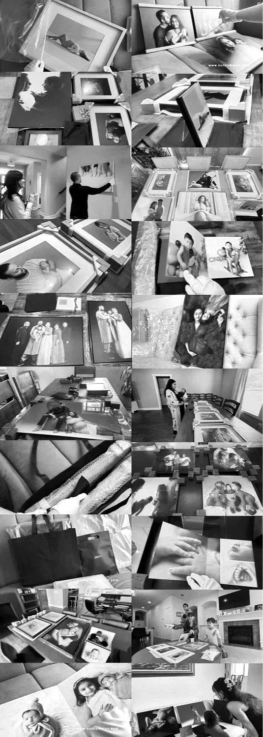 A black and white collage of diverse families, couples, and individuals excitedly holding and viewing large framed wall art, maternity portraits, and newborn photo albums from Sunny Melon Photography.
