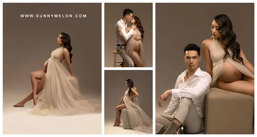 A collage of professional maternity photos featuring a pregnant woman in a flowing tan tulle gown and her partner in a white dress shirt, posing together in a warm-toned studio setting in Lake Oswego.