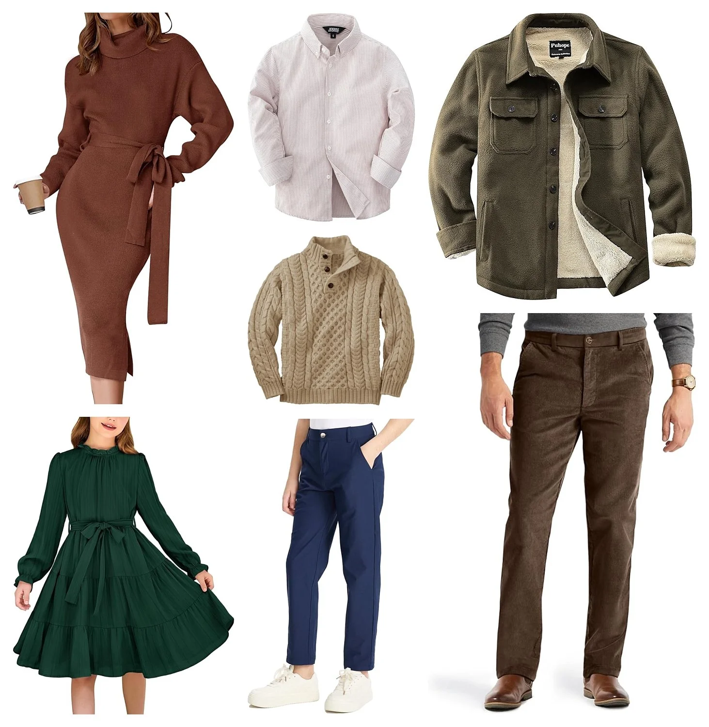 A family photography style guide featuring a brown knit turtleneck dress, olive green sherpa-lined jacket, corduroy trousers, and a girl's emerald green tiered dress.