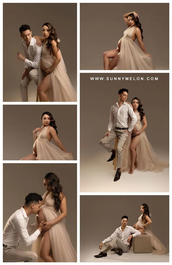A collage of professional maternity photos in a Portland studio, featuring a woman in a flowing beige tulle gown and her partner in a white dress shirt, showcasing various artistic and intimate poses.