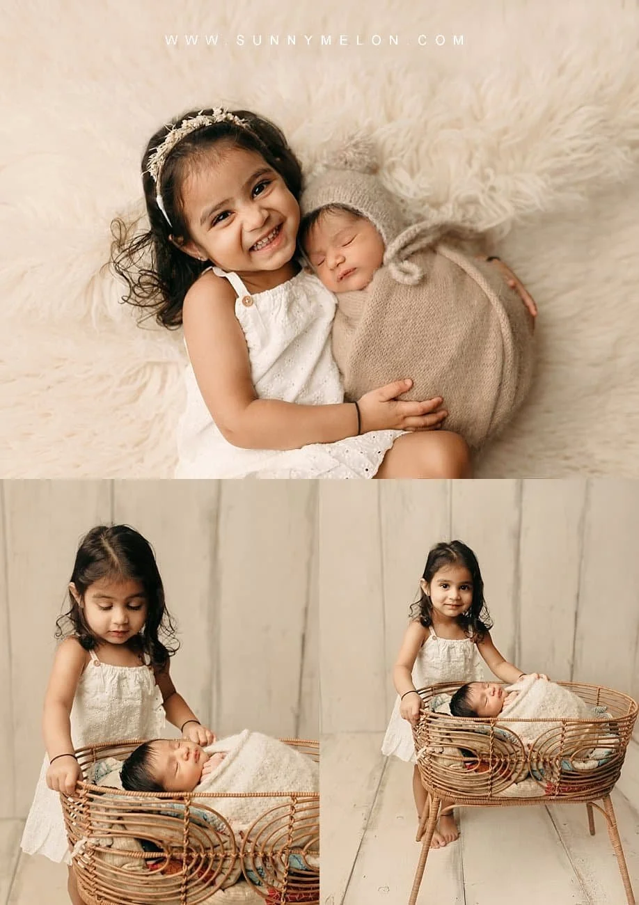 A collage of three professional portraits showcasing a young girl with her newborn sibling.