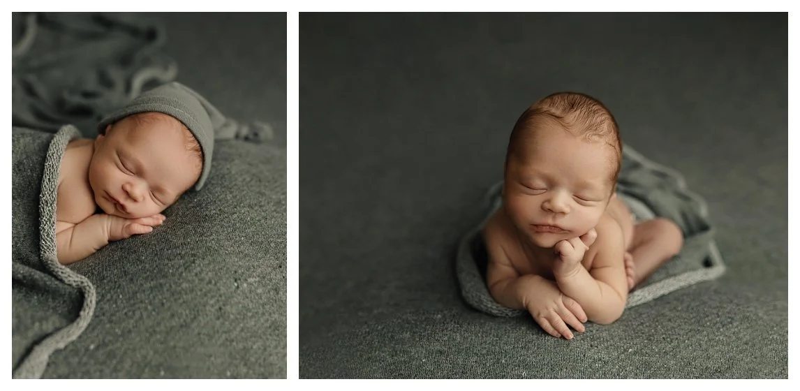 A side-by-side newborn studio collage on a textured sage green backdrop. The left shows a sleeping baby wearing a matching knit bonnet while tucked under a blanket; the right captures him resting his chin on his hands in a classic froggy pose.