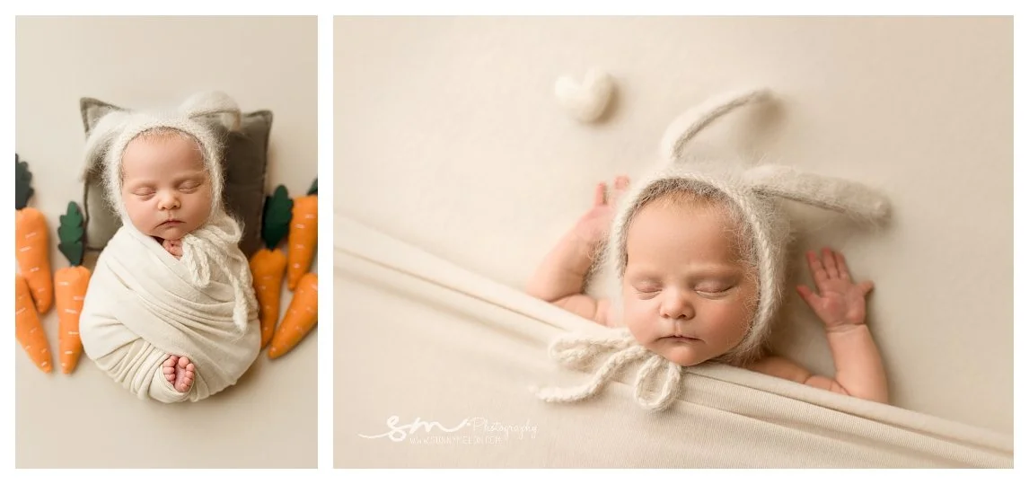 A two-image studio newborn collage in cream tones; the left shows a swaddled baby sleeping in a fuzzy bunny bonnet surrounded by toy carrots, and the right shows a close-up of the baby sleeping tucked under a blanket.