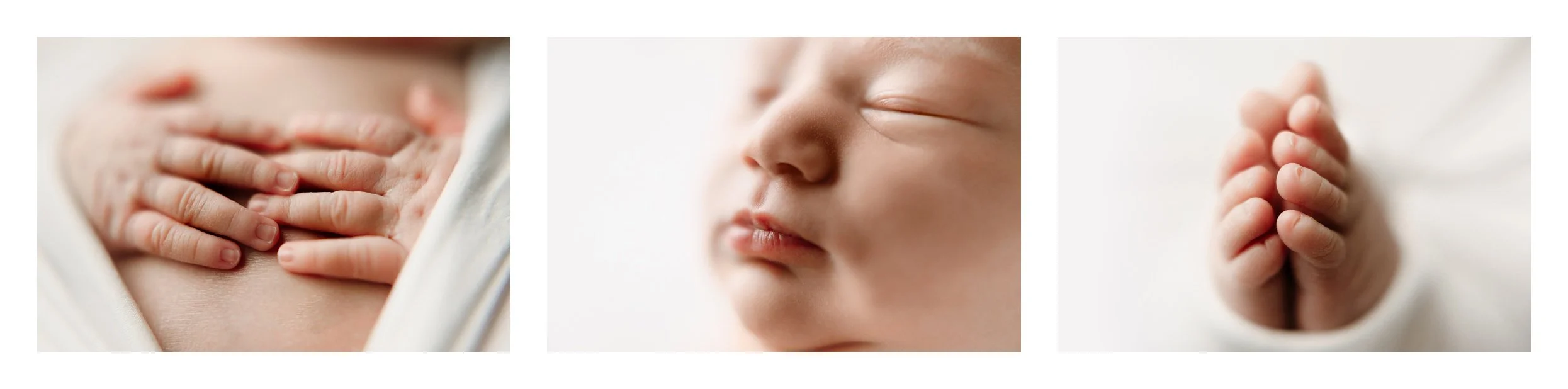 A three-image studio newborn macro collage; the left shows a close-up of tiny fingers on the chest, the center captures a sleeping baby's lips and nose, and the right details tiny toes pressed together.