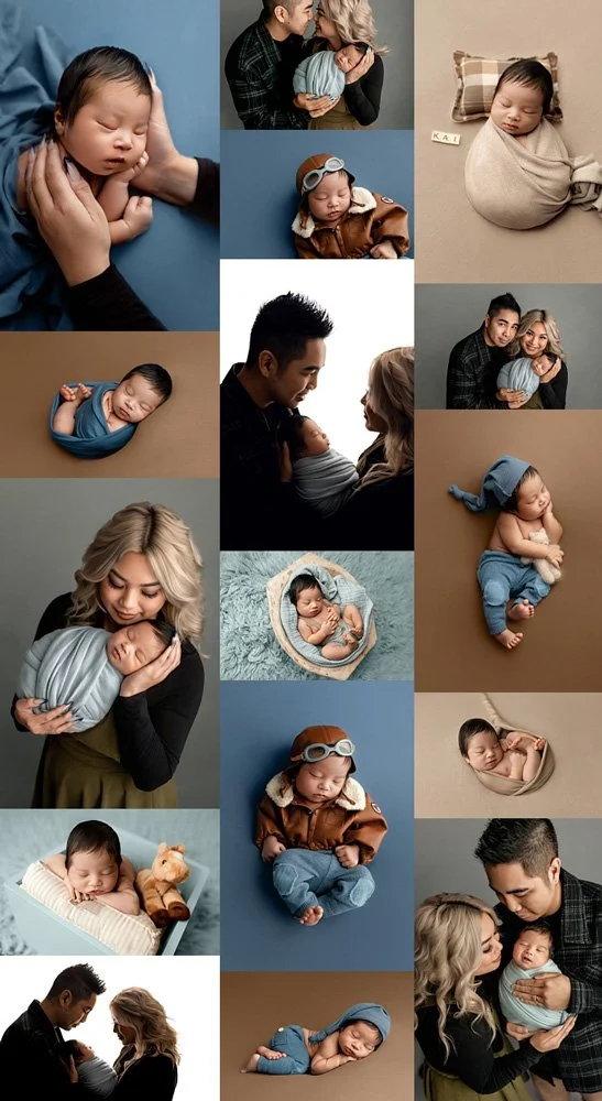 oregon newborn baby boy and family collage in blue and brown prop stylized set in portland oregon