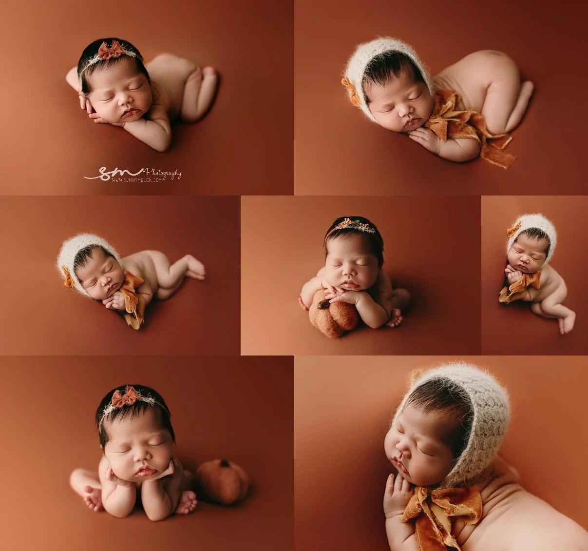 Warm Autumn-Themed Newborn Girl Studio Portrait Collage