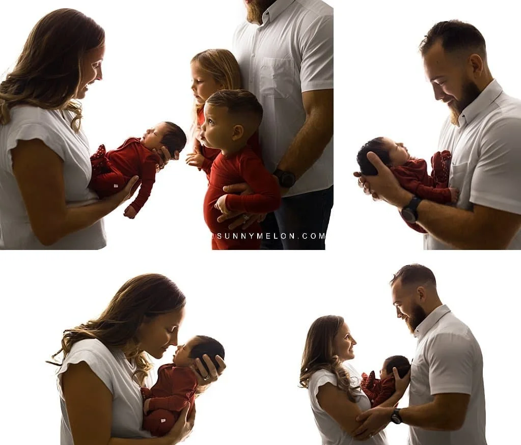 Professional high-key studio family portraits featuring parents, siblings, and a newborn in red.