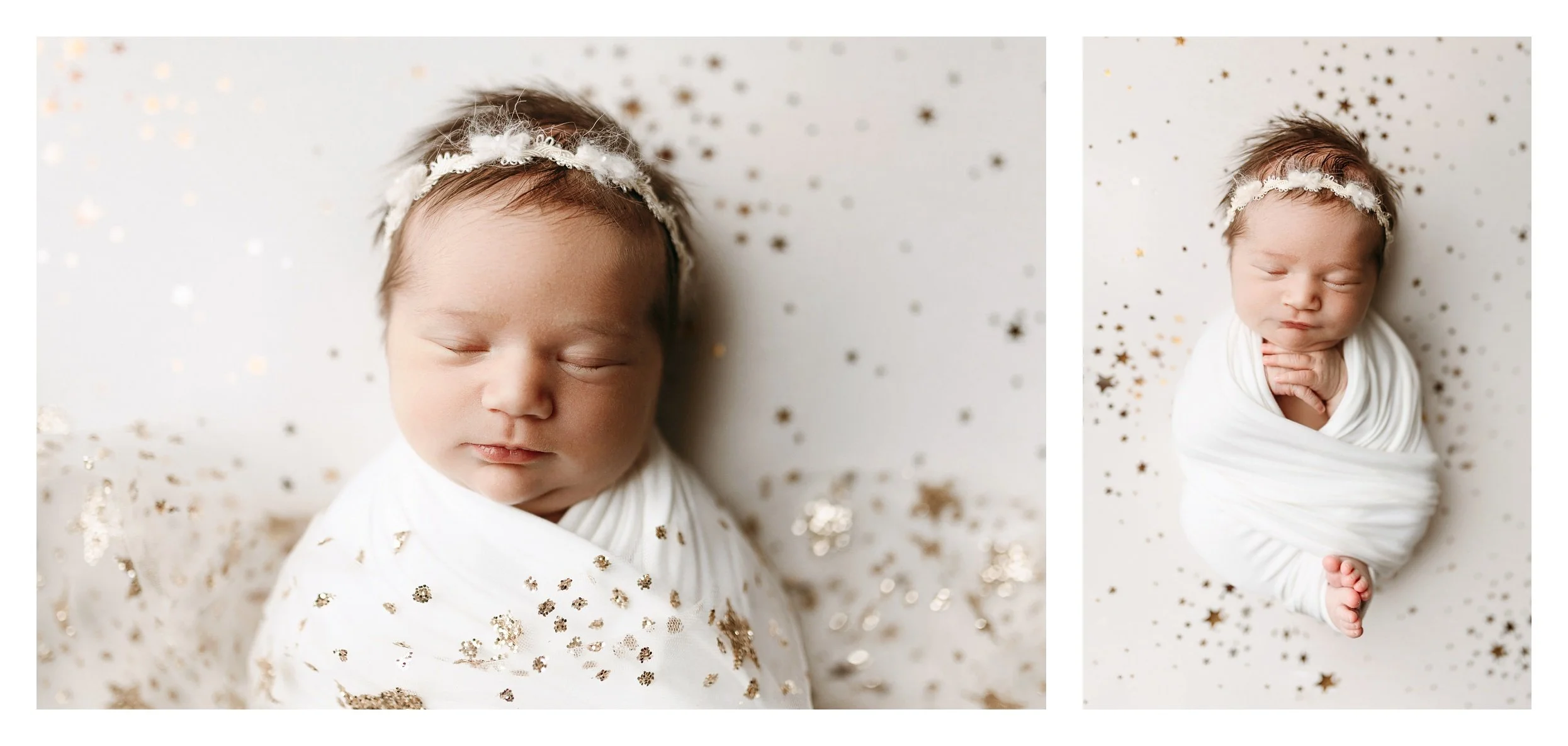 A two-image studio newborn collage; the left shows a close-up of a sleeping baby wearing a lace headband and gold star tulle, and the right shows an overhead shot of the baby swaddled in white against a gold star backdrop.