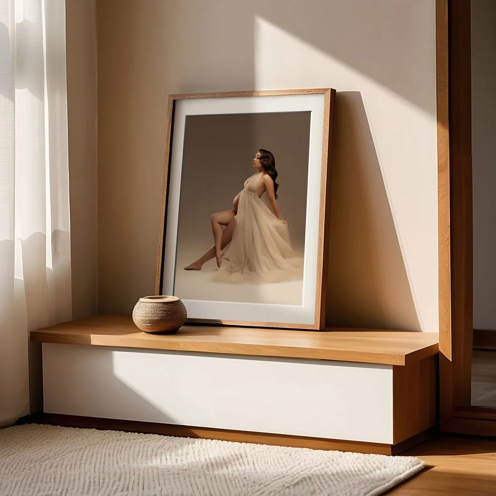 Sunnymelon Photography large framed maternity portrait displayed on a wooden console table in a bright, modern room. The print features an expectant mother in a flowing beige tulle gown, showcasing maternity wall art for home decor.